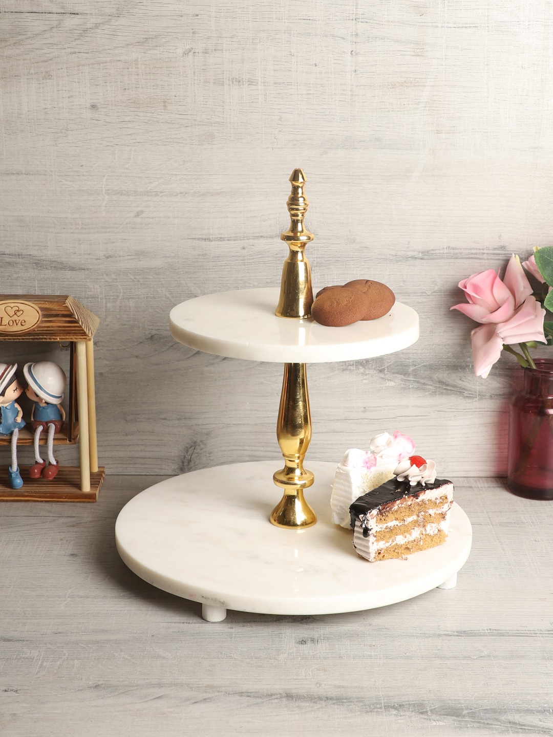 

NikkisPride White & Gold-Toned Solid Marbel Two Tier Cake Stand