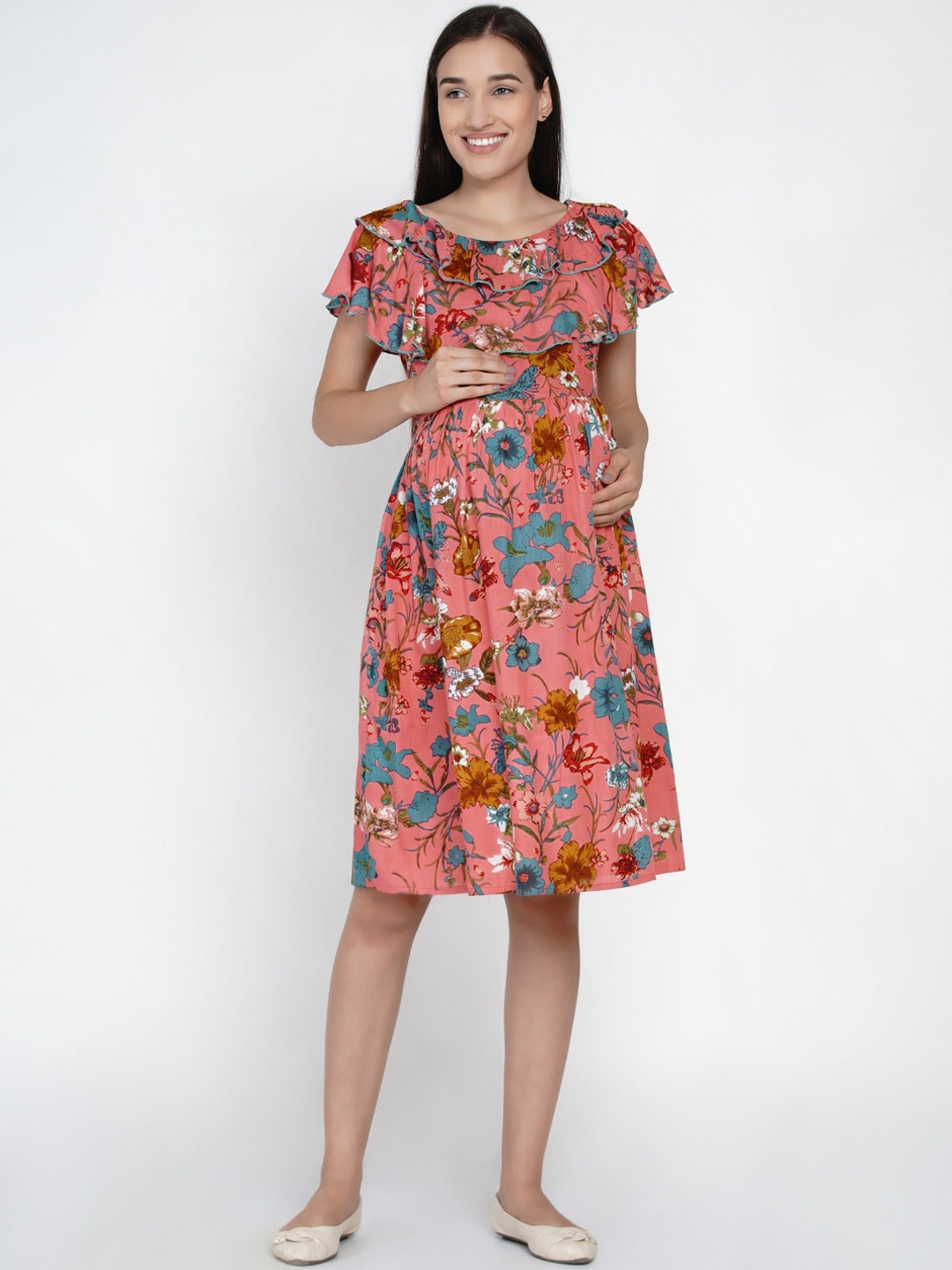

Mine4Nine Women Pink Floral Printed Fit and Flare Dress