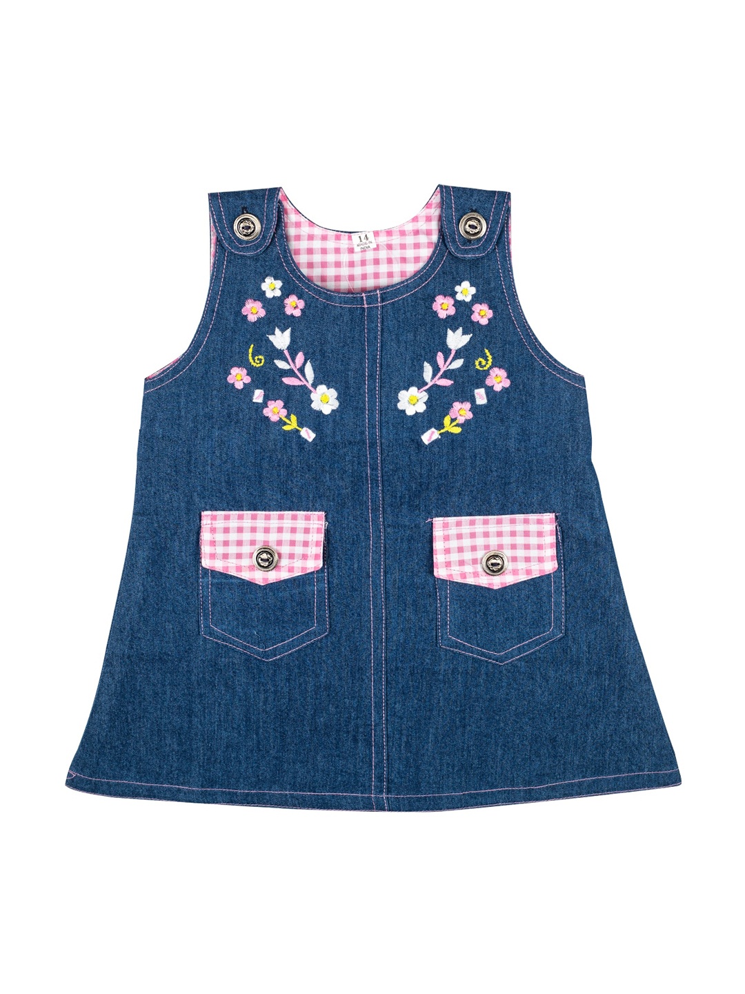 

MeeMee Girls Blue & Pink Embroidered Cotton A-Line Dress