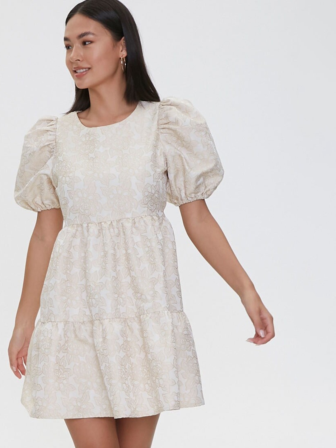 

FOREVER 21 Women Cream-Coloured Printed Fit and Flare Dress