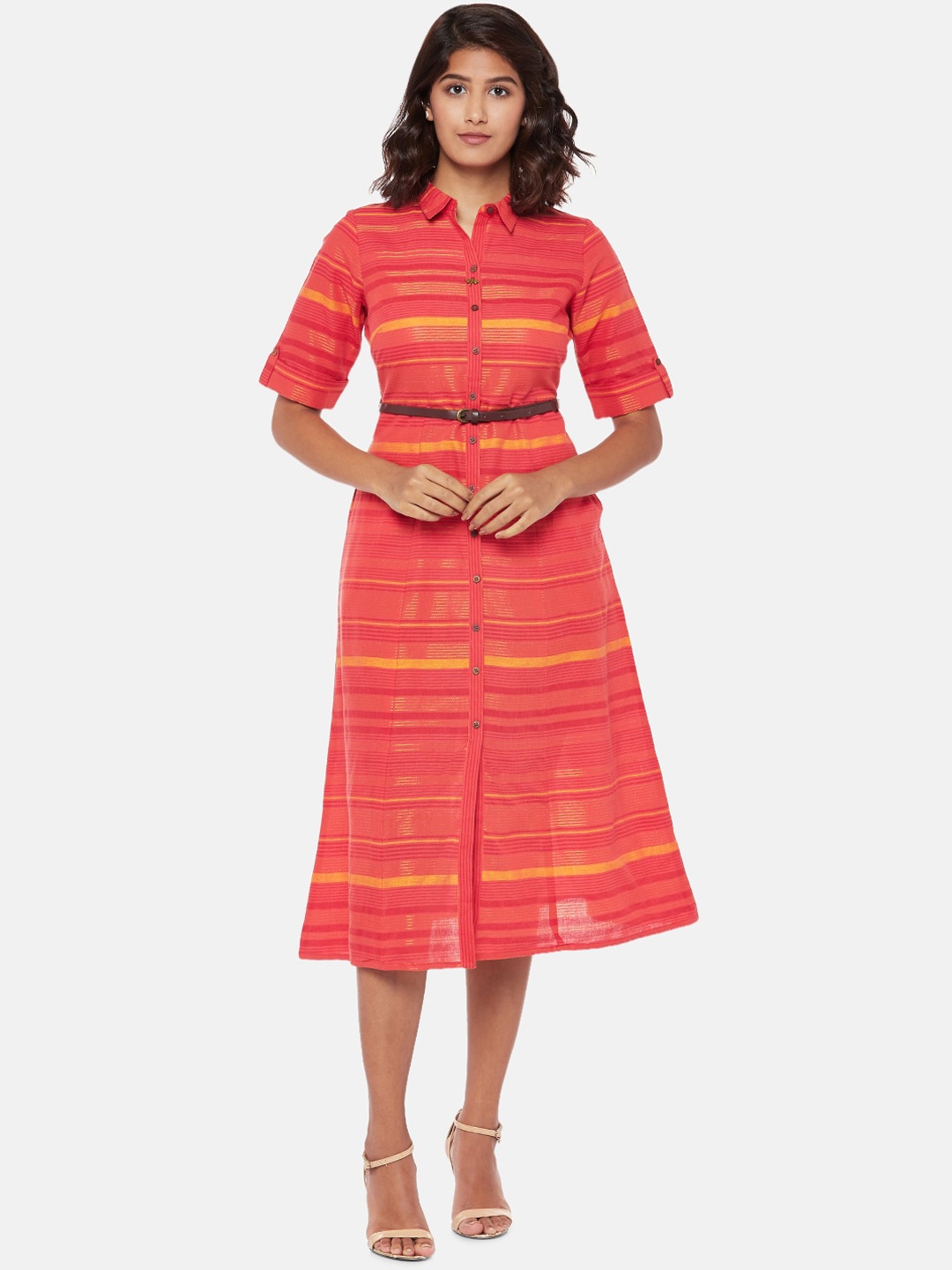 

AKKRITI BY PANTALOONS Women Coral Pink & Yellow Striped Shirt Dress