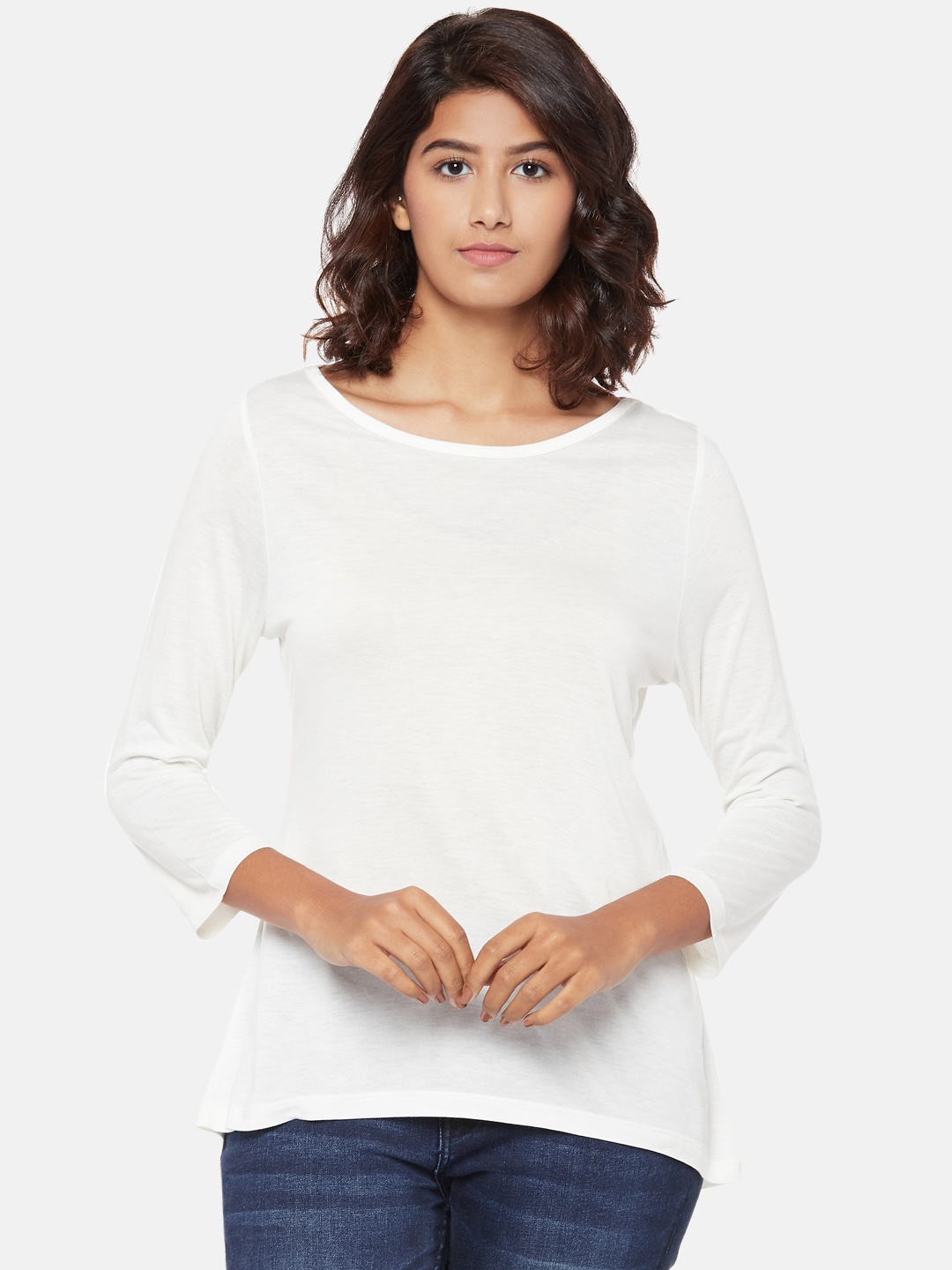 People Women Off-White Solid Boat Neck T-shirt
