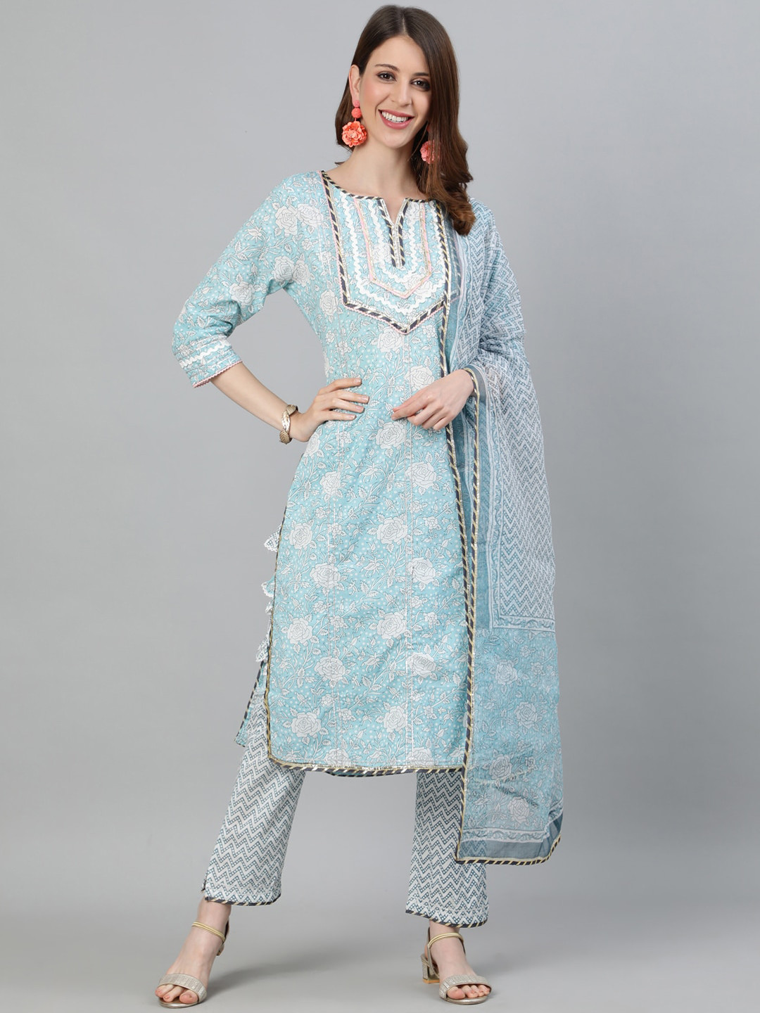 

Ishin Women Blue & White Printed Kurta with Trousers & Dupatta