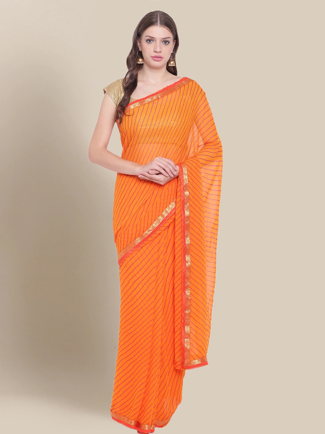 

Chhabra 555 Orange Poly Georgette Striped Leheriya Saree