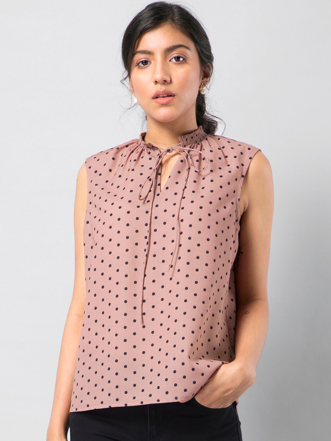 

FabAlley Pink Printed Tie-Up Neck Regular Top