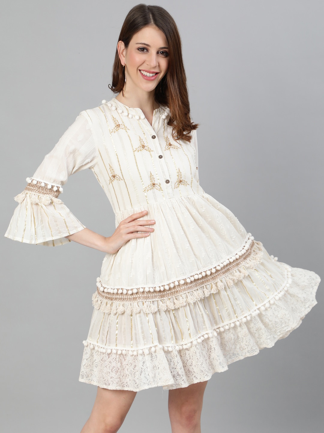 

Ishin Off-White Self Design Cotton Fit and Flare Dress
