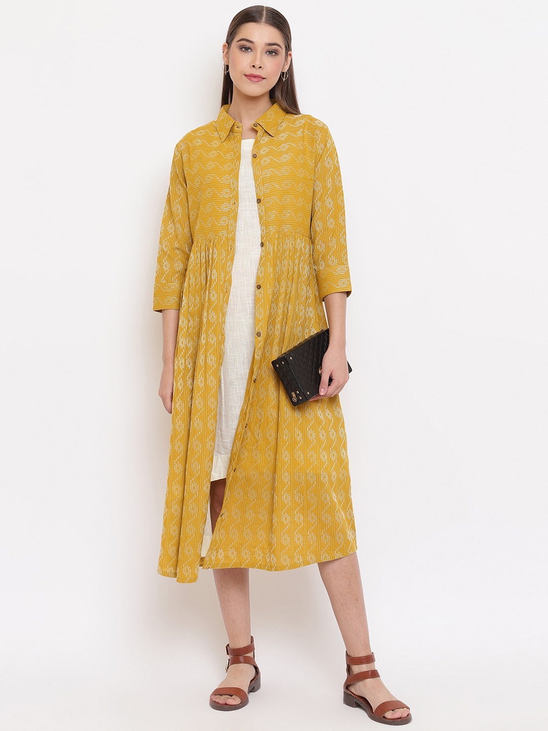 

Janasya Women Mustard Printed Shirt Dress