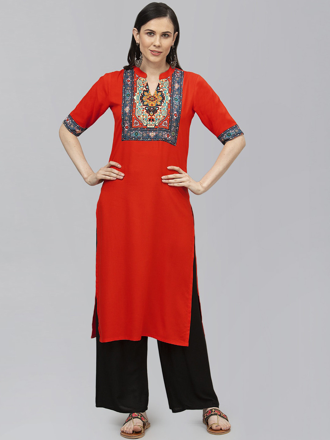 

SANISA Women Red Yoke Design Handloom Kurta
