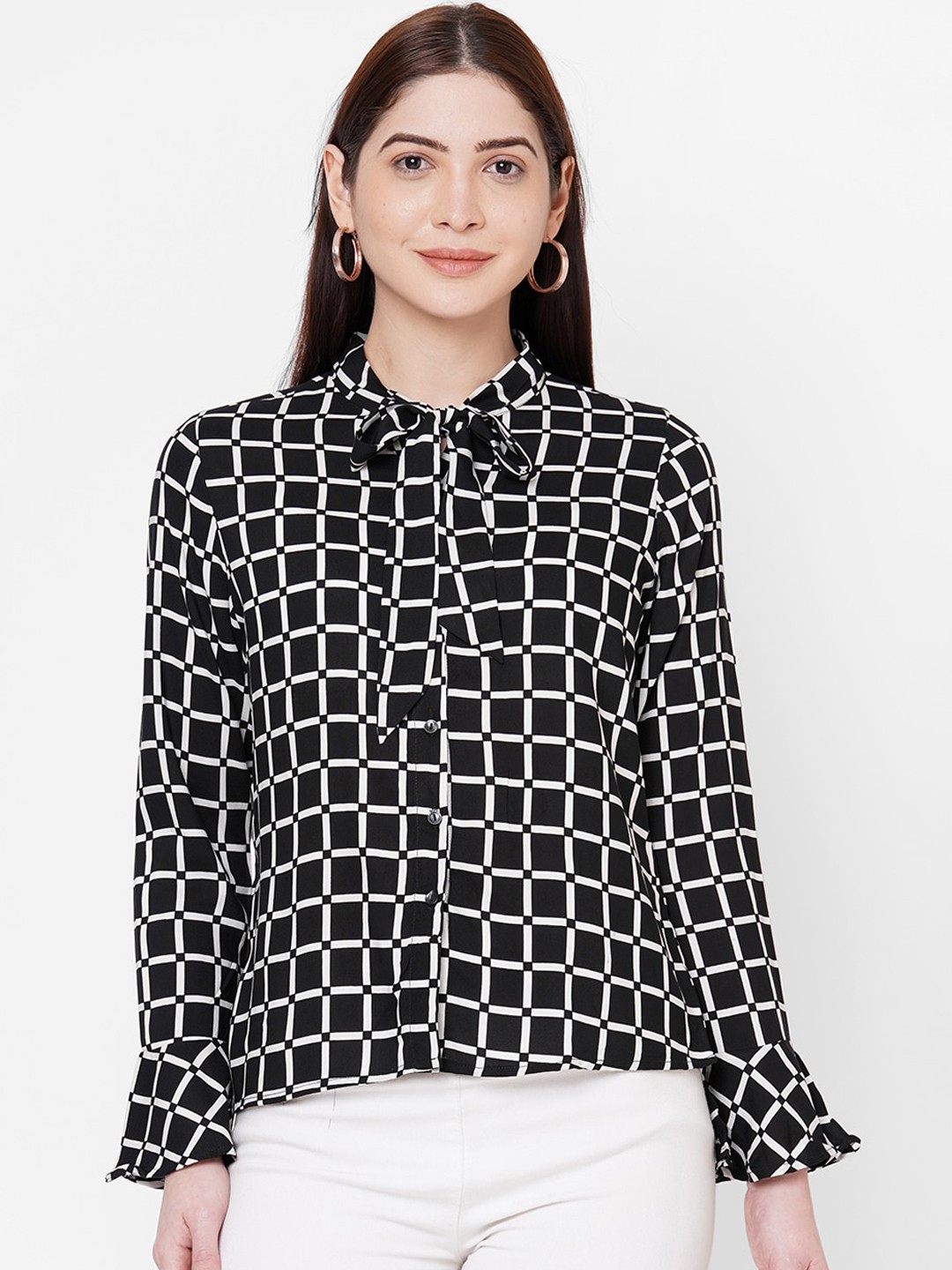 

109F Black & White Geometric Printed Tie-Up Neck Bell Sleeves Shirt Style Top