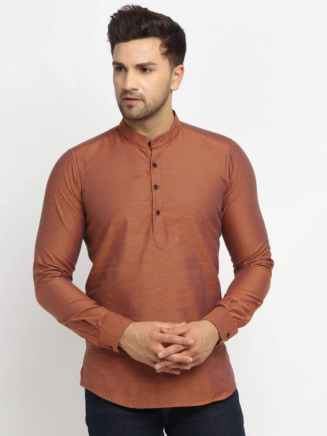 

Cross Court Men Orange & Grey Geometric Printed Dobby Kurta