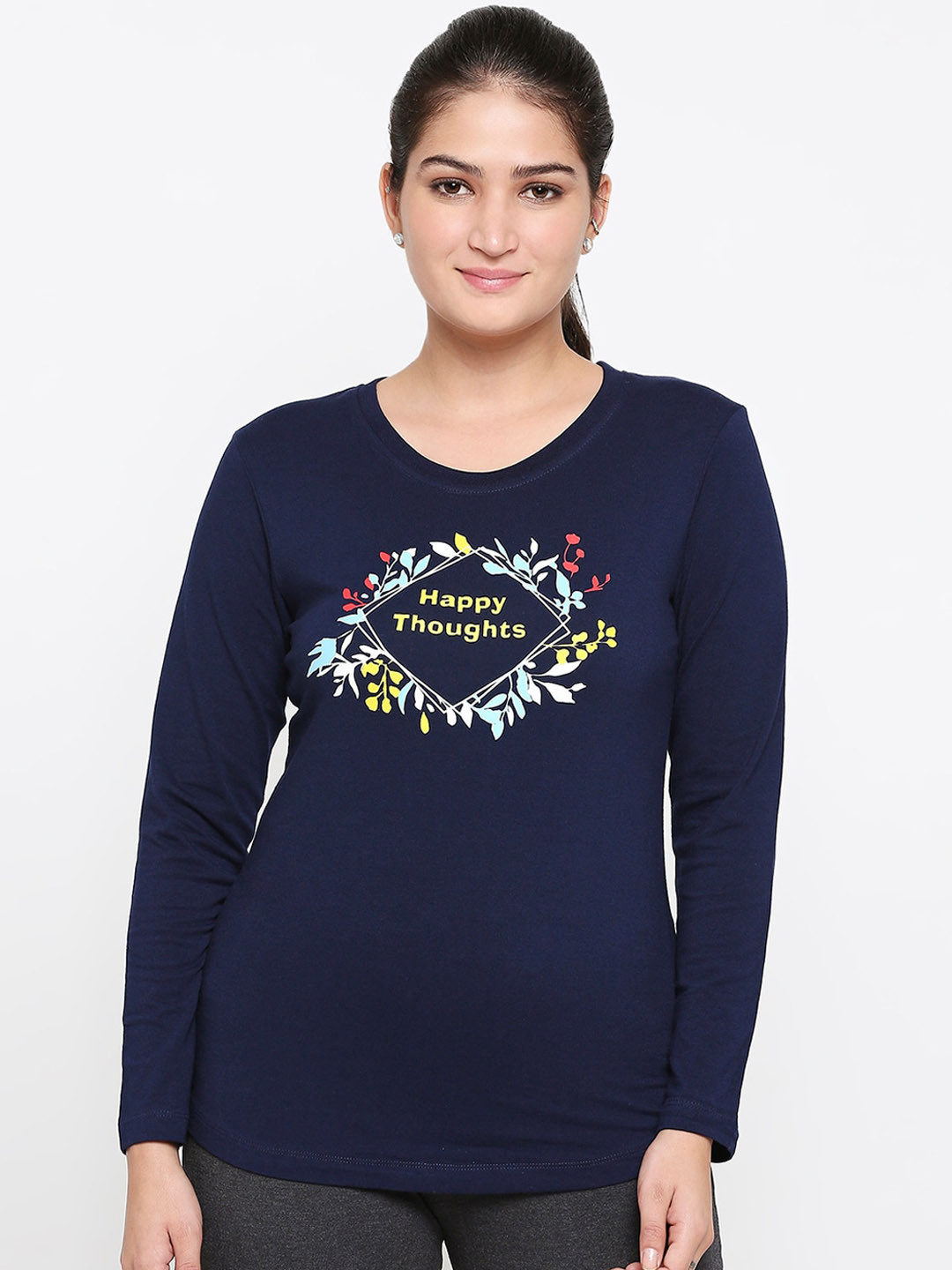 

XIN Women Navy Blue Floral Printed Round Neck Pure Cotton T-shirt
