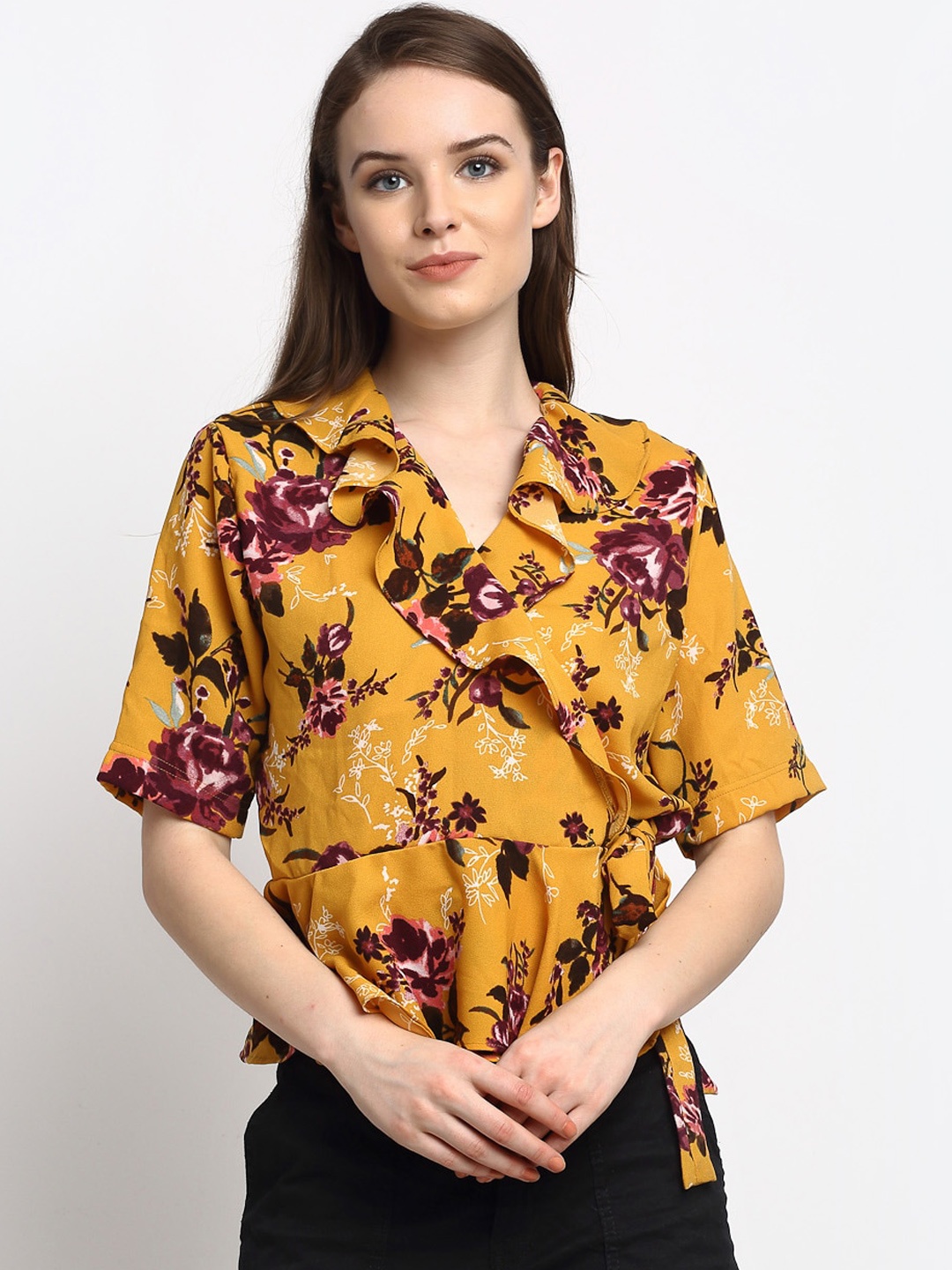 

Just Wow Yellow Floral Printed Crepe Wrap Top