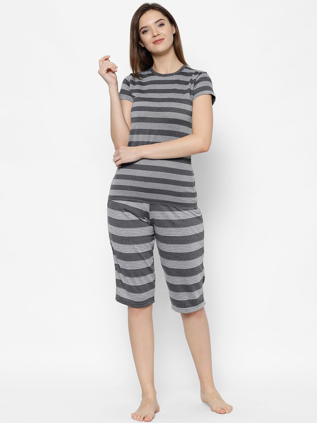 

VIMAL JONNEY Women Grey & White Striped Night suit