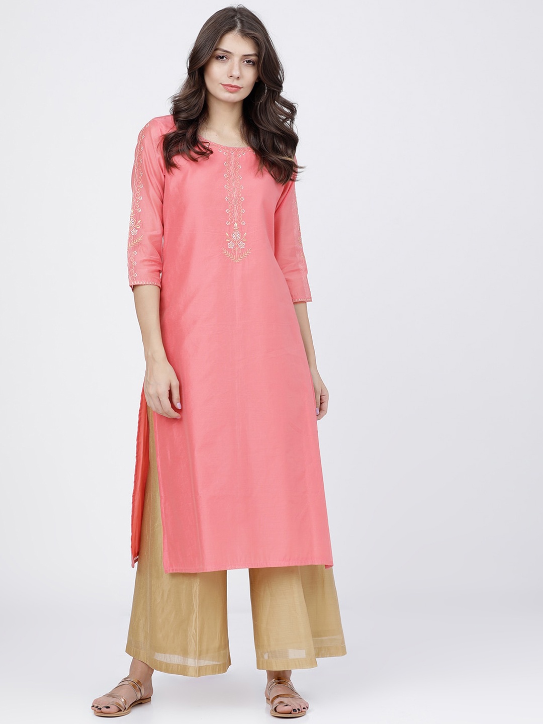 

Vishudh Women Coral Pink Yoke Design Stright Kurta