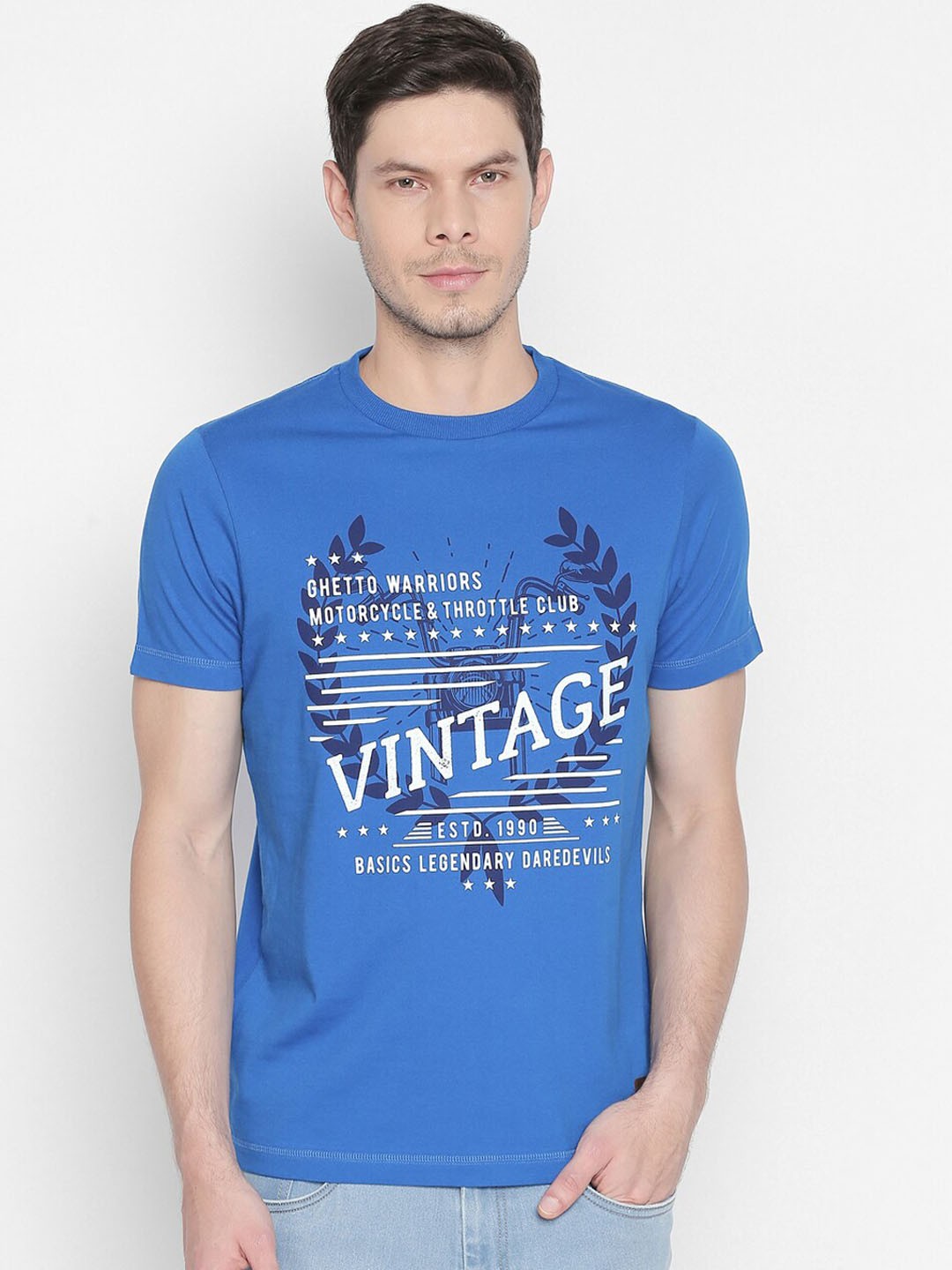 

Basics Men Blue & Off-White Printed Round Neck Slim Fit T-shirt