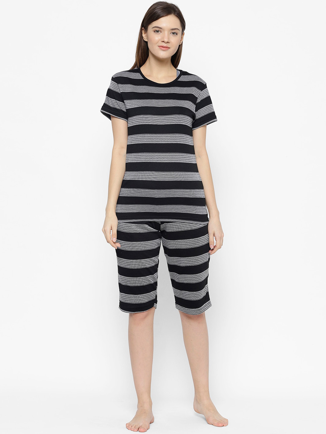 

VIMAL JONNEY Women Black & Grey Striped Night Suit