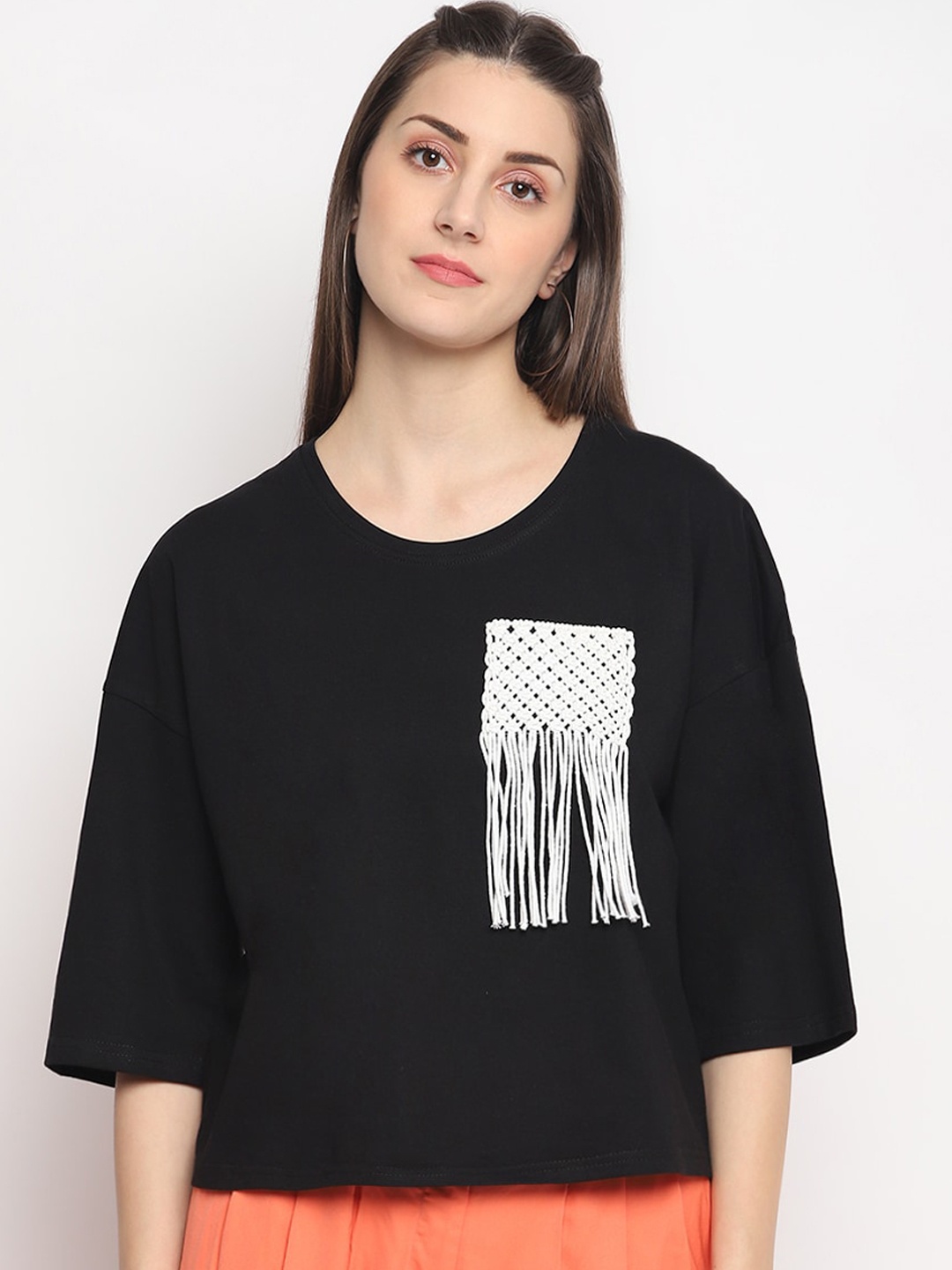 

OTORVA Women Black & White Solid Pure Cotton Round Neck T-shirt