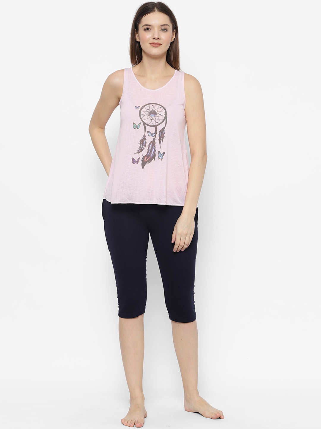 

VIMAL JONNEY Women Pink & Navy Blue Printed Night suit