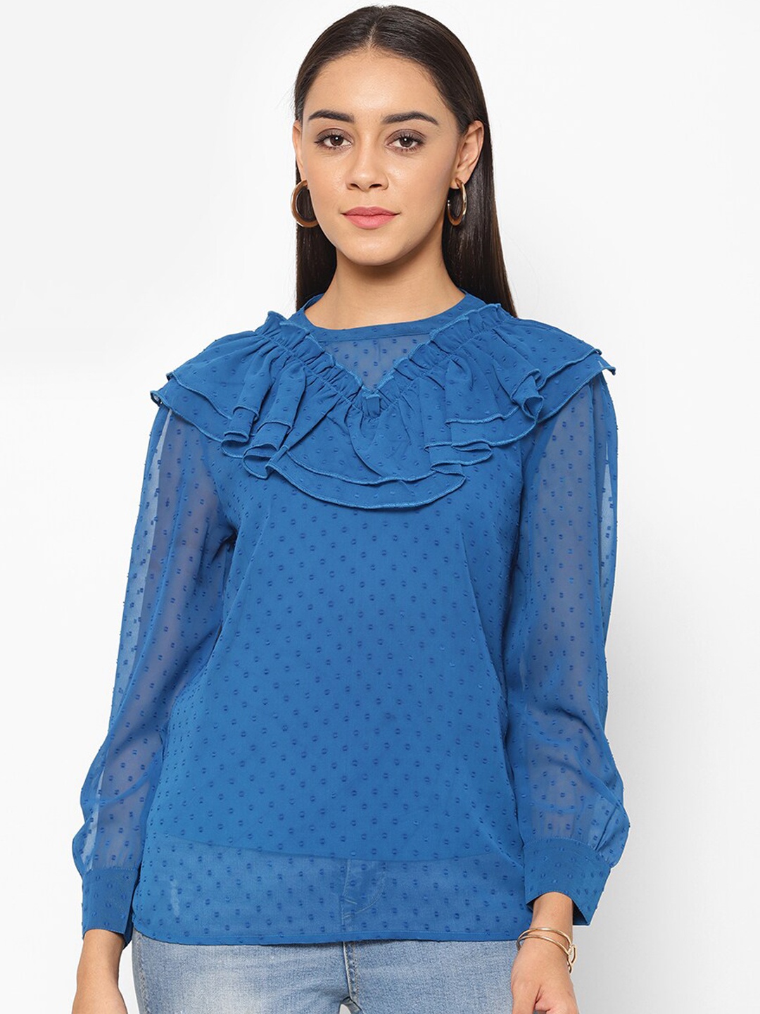 

HOUSE OF KKARMA Blue Self Design Bishop Sleeves Georgette Regular Top