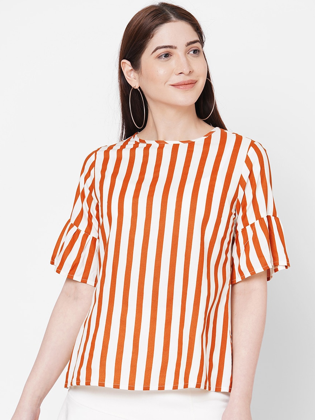 

109F Rust & White Striped Bell Sleeves Regular Top