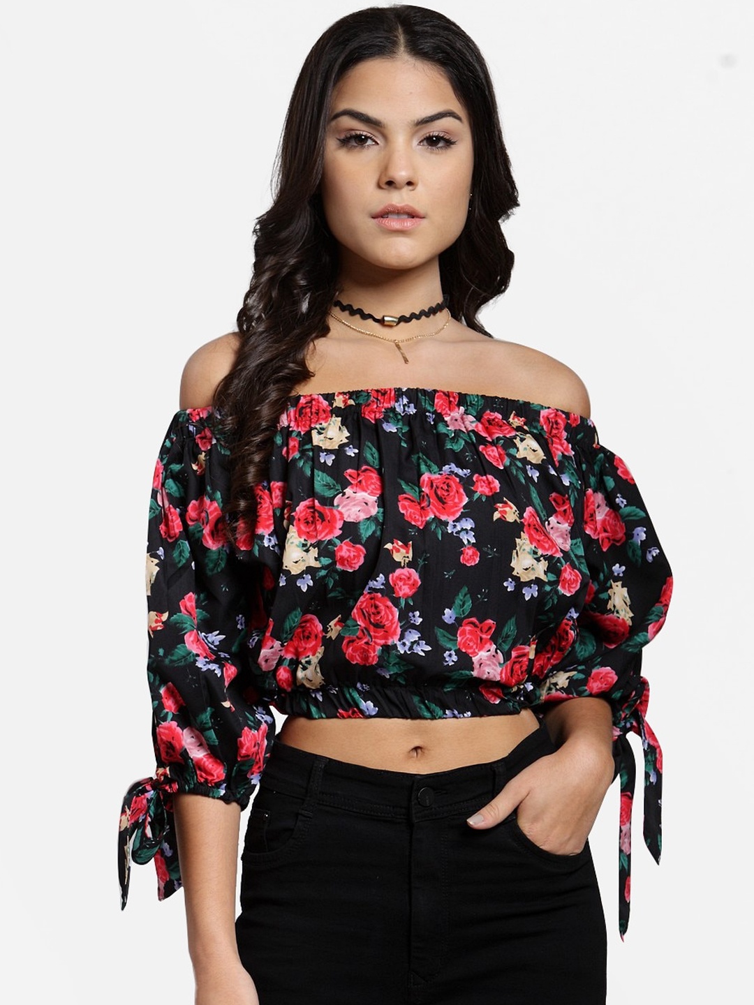 

Cation Black & Pink Floral Printed Off-Shoulder Crepe Bardot Crop Top