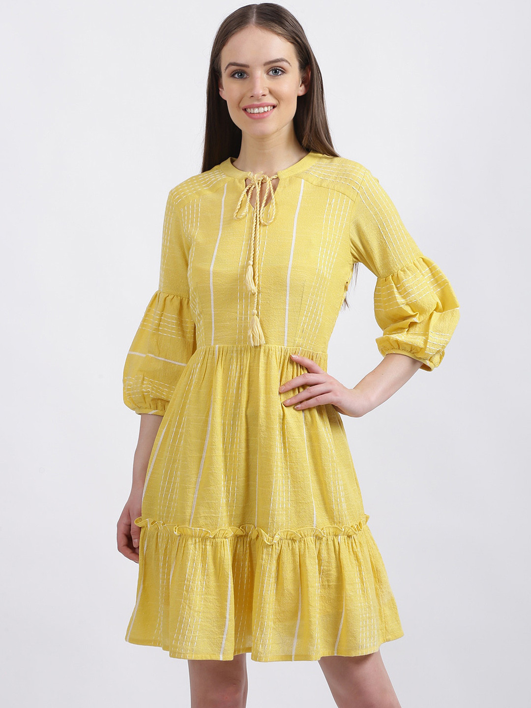 

Zink London Women Yellow & White Striped Tiered Fit and Flare Dress
