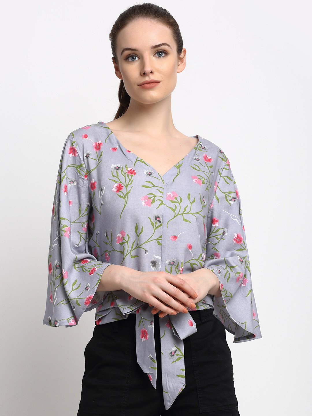 

Just Wow Grey & Pink Floral Printed Flared Sleeves Regular Top