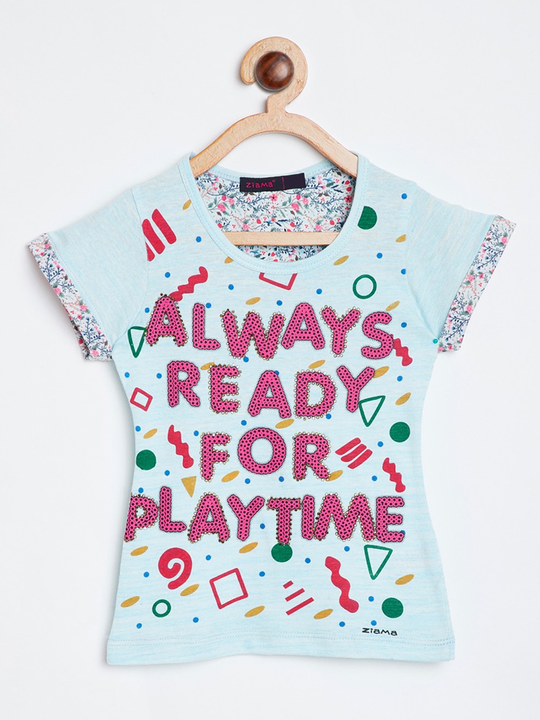 Ziama Girls Blue & Pink Printed Cotton T-shirt