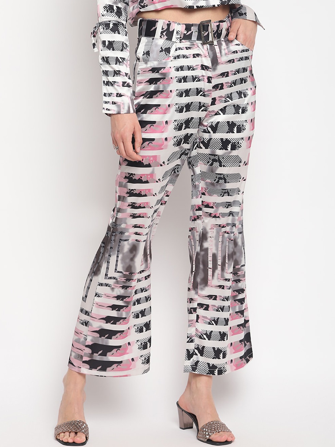 

Women White Straight Fit Printed Bootcut Trousers with Matching Belt