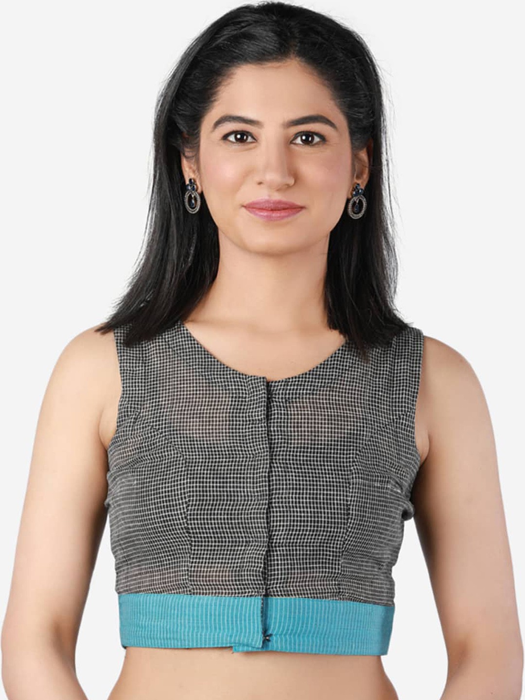 

Llajja Women Black & Blue Checked Saree Blouse