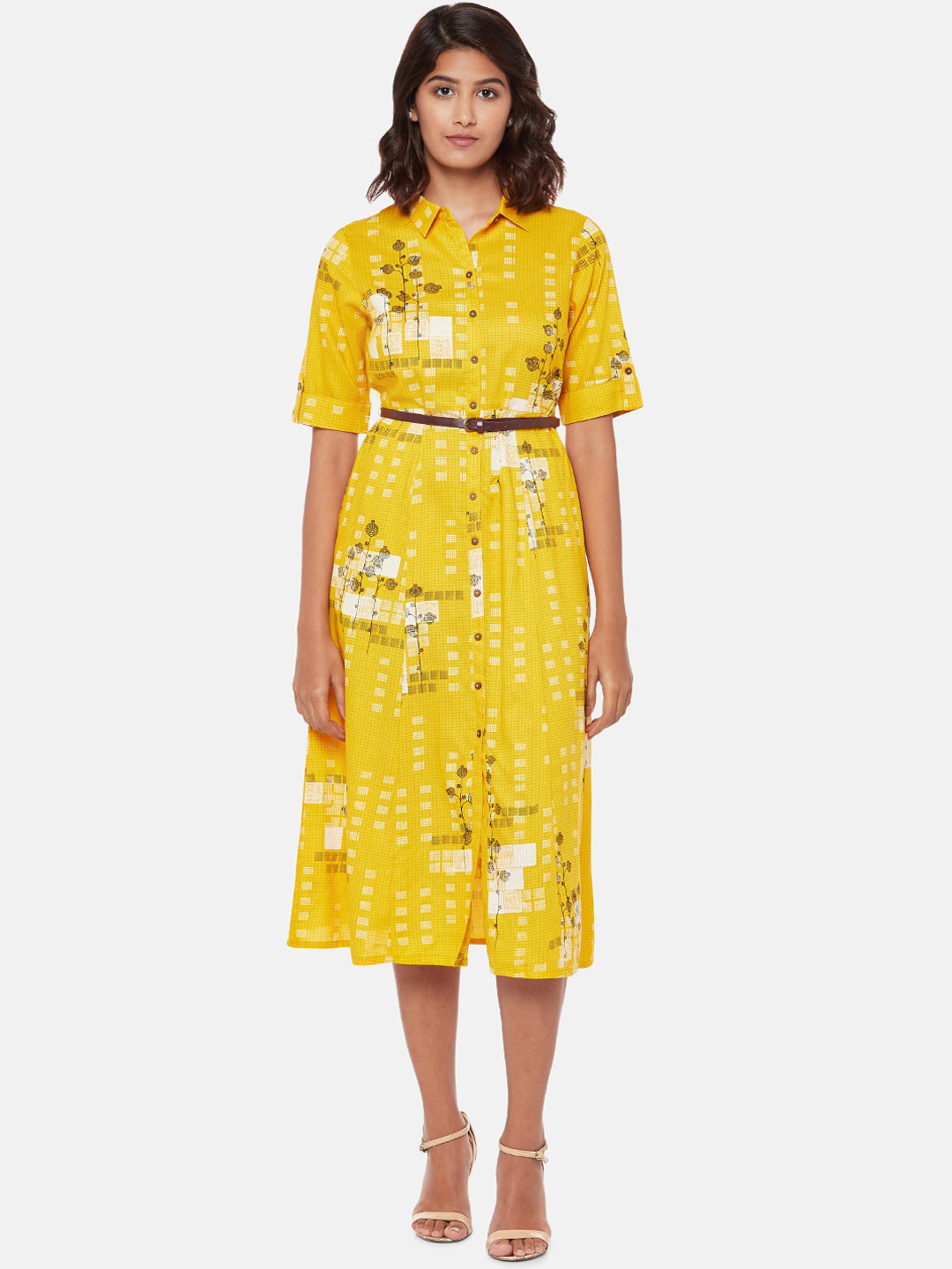 

AKKRITI BY PANTALOONS Women Mustard Yellow Printed Shirt Dress