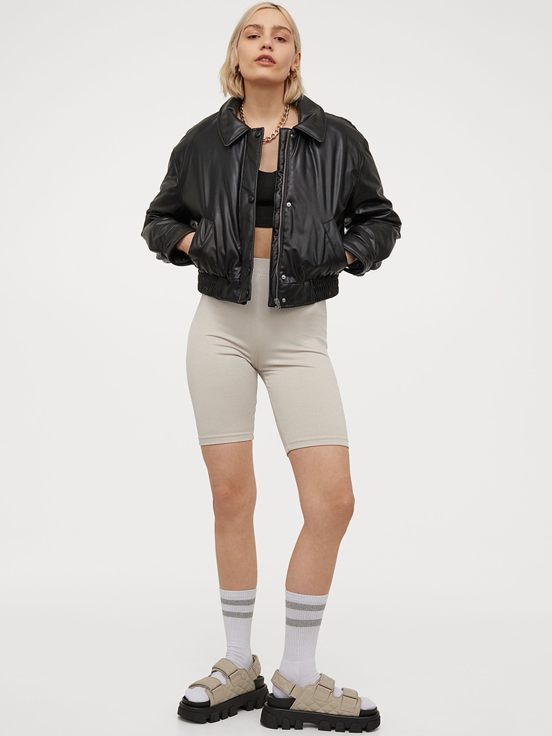 

H&M Women Beige Solid Ribbed Biker Shorts