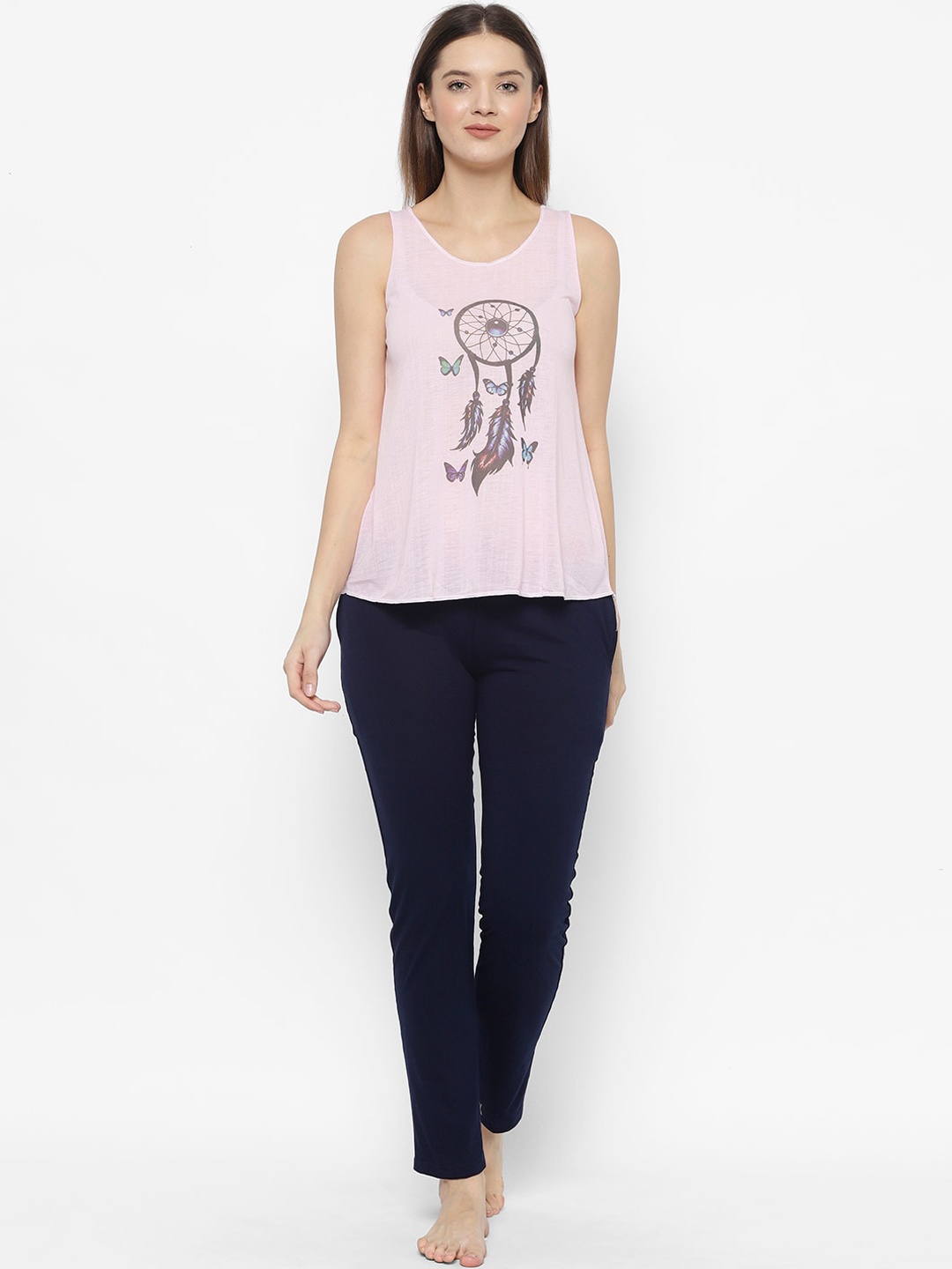 

VIMAL JONNEY Women Pink & Navy Blue Printed Cotton Night Suit