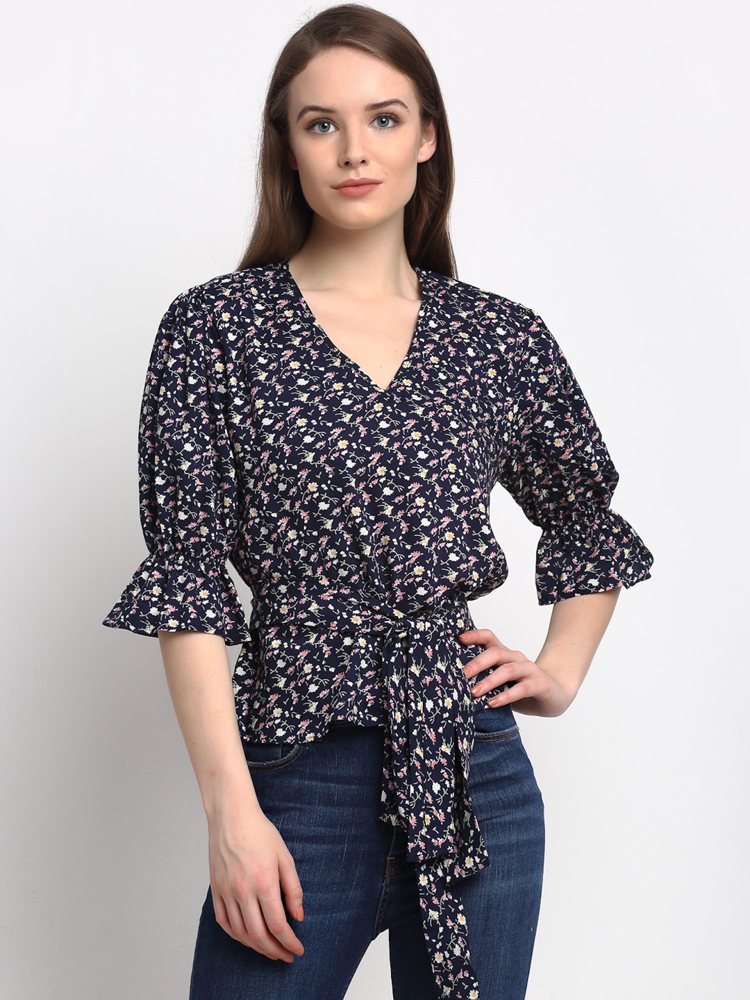 

Just Wow Multicoloured Floral Printed Bell Sleeves Cinched Waist Top, Multi