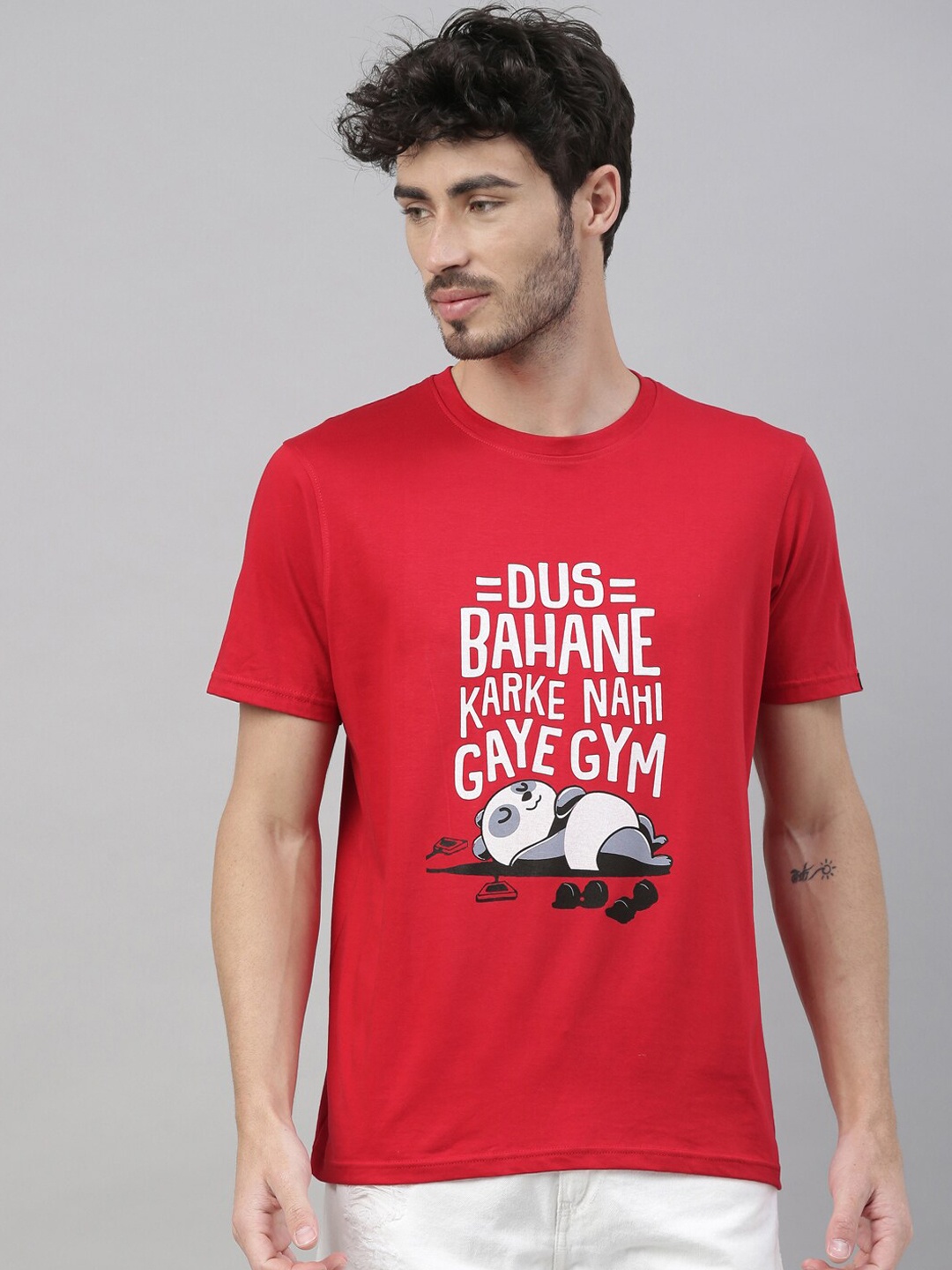 Bushirt Men Red Printed Round Neck Pure Cotton T-shirt