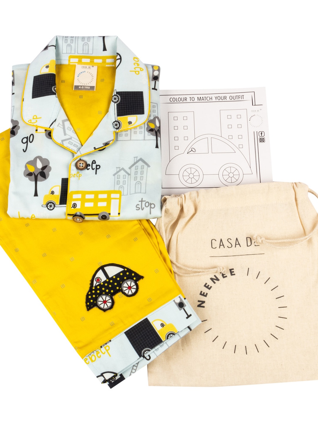 

CASA DE NEE NEE Kids Blue & Mustard Yellow Printed Night suit