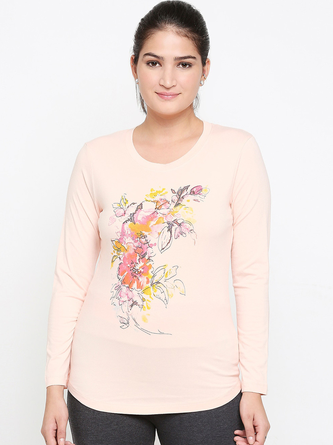 

XIN Women Peach-Coloured Printed V-Neck Cotton T-shirt