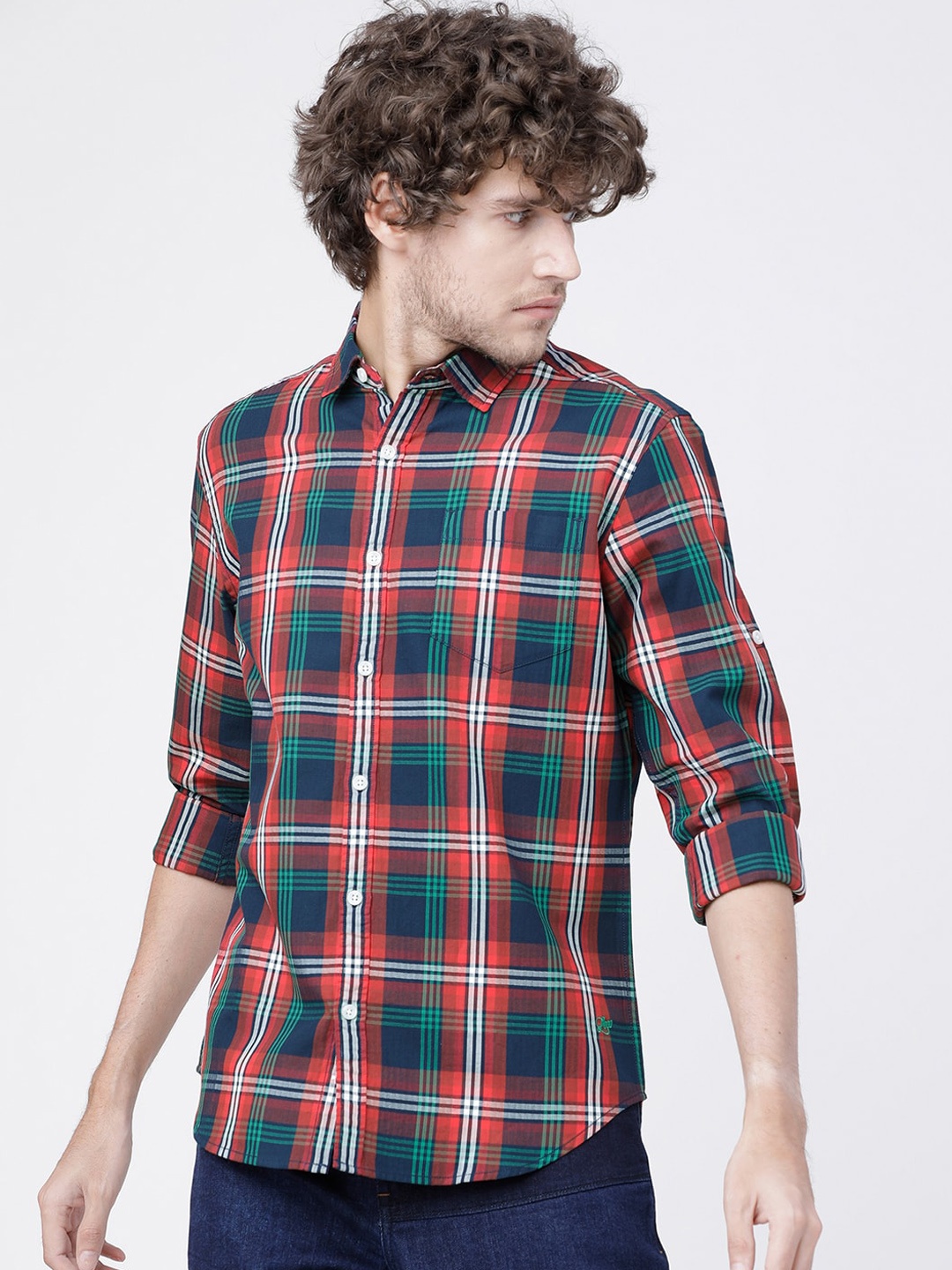LOCOMOTIVE Men Navy Blue & Red Slim Fit Checked Pure Cotton Casual Shirt