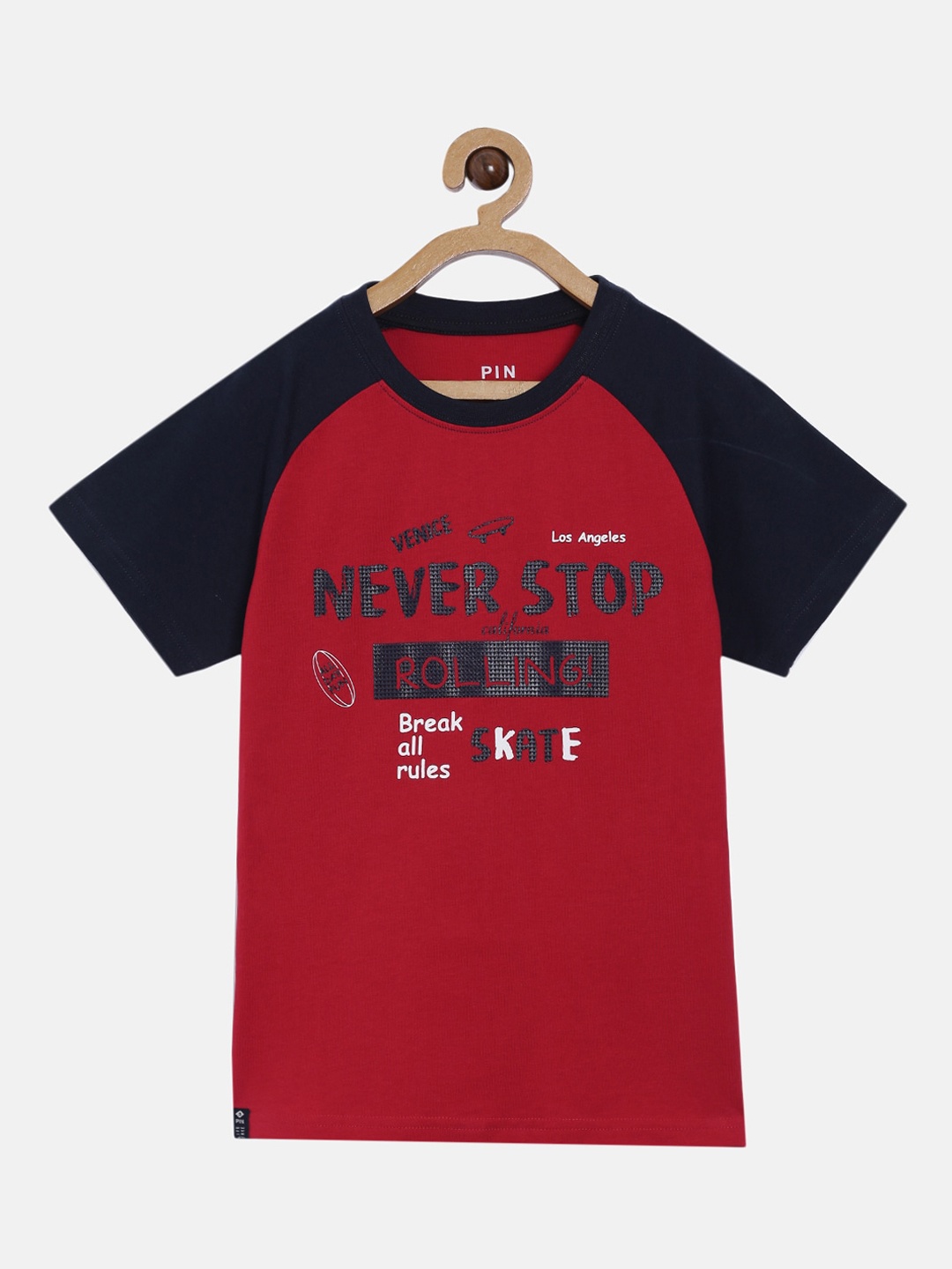

3PIN Boys Red Colourblocked Round Neck Pure Cotton T-shirt