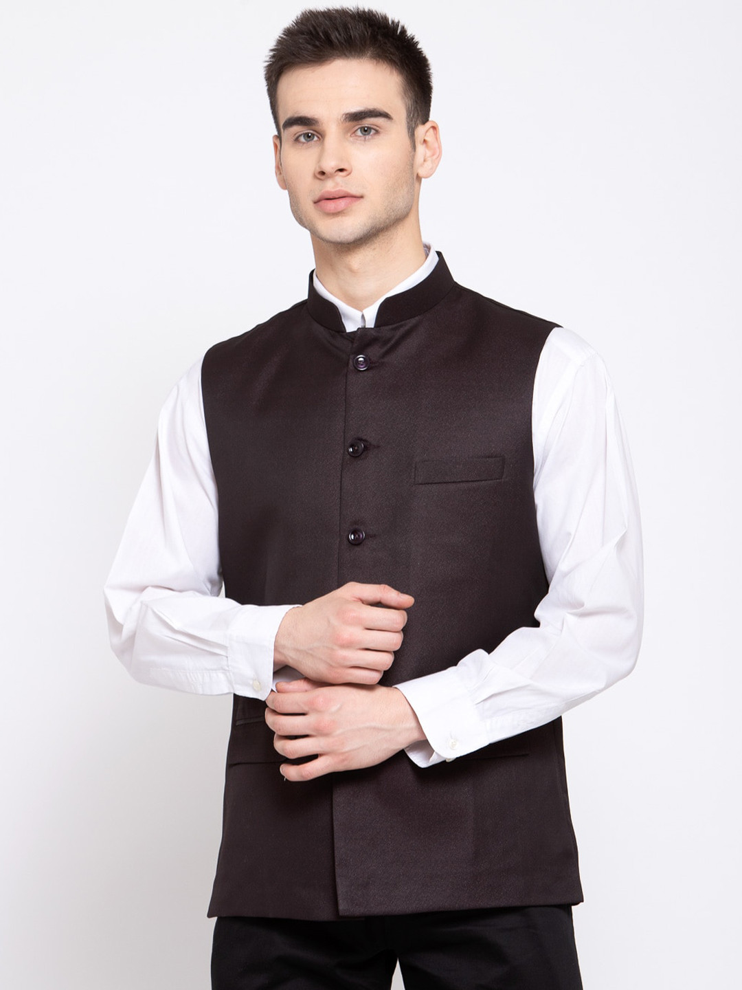 

Wintage Men Coffee Brown Solid Woven Nehru Jacket