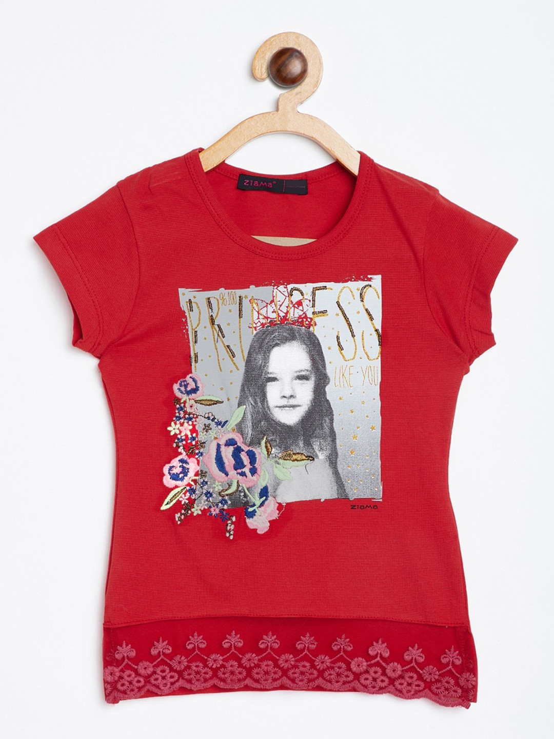 

Ziama Red & Grey Printed Regular Top