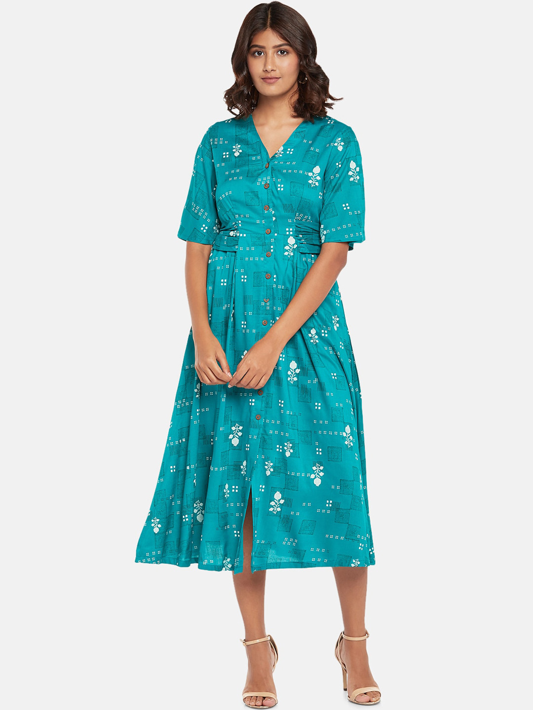 

AKKRITI BY PANTALOONS Women Teal Printed Fit and Flare Dress