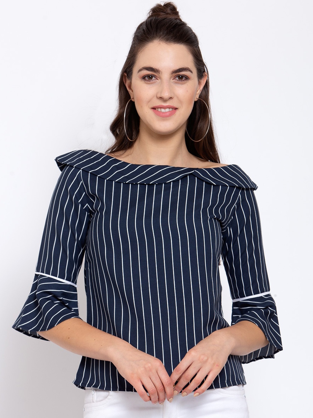 

Style Quotient Navy Blue & White Striped Bell Sleeves Crepe Regular Top