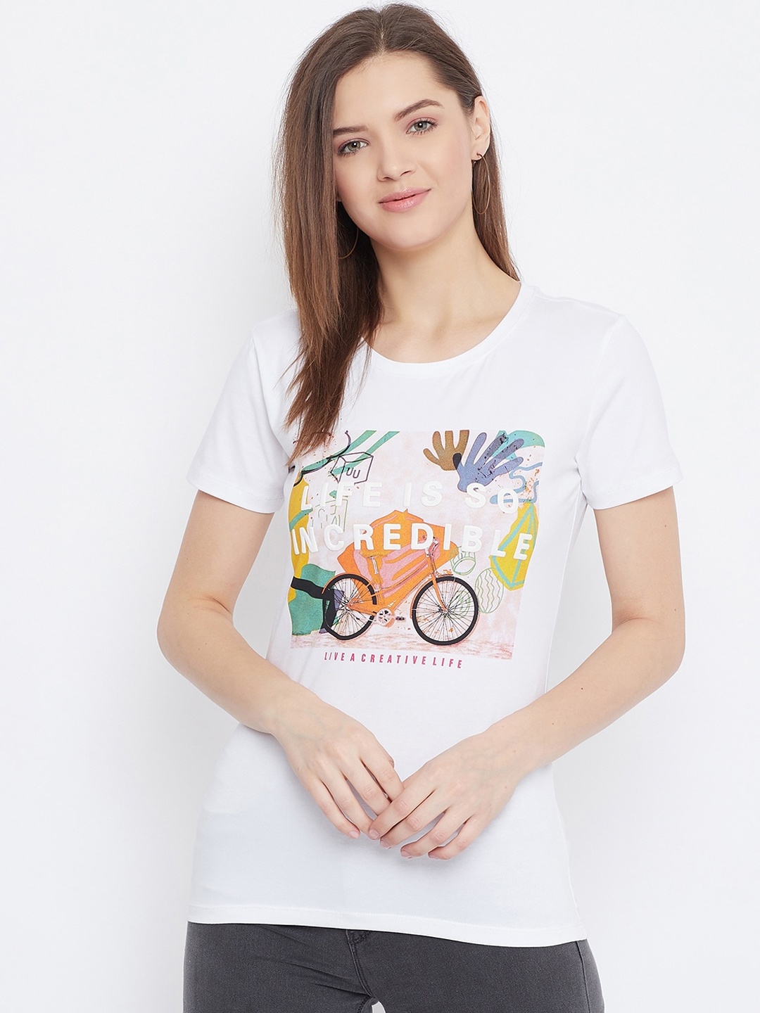 

Bishop Cotton Women White Printed Round Neck T-shirt
