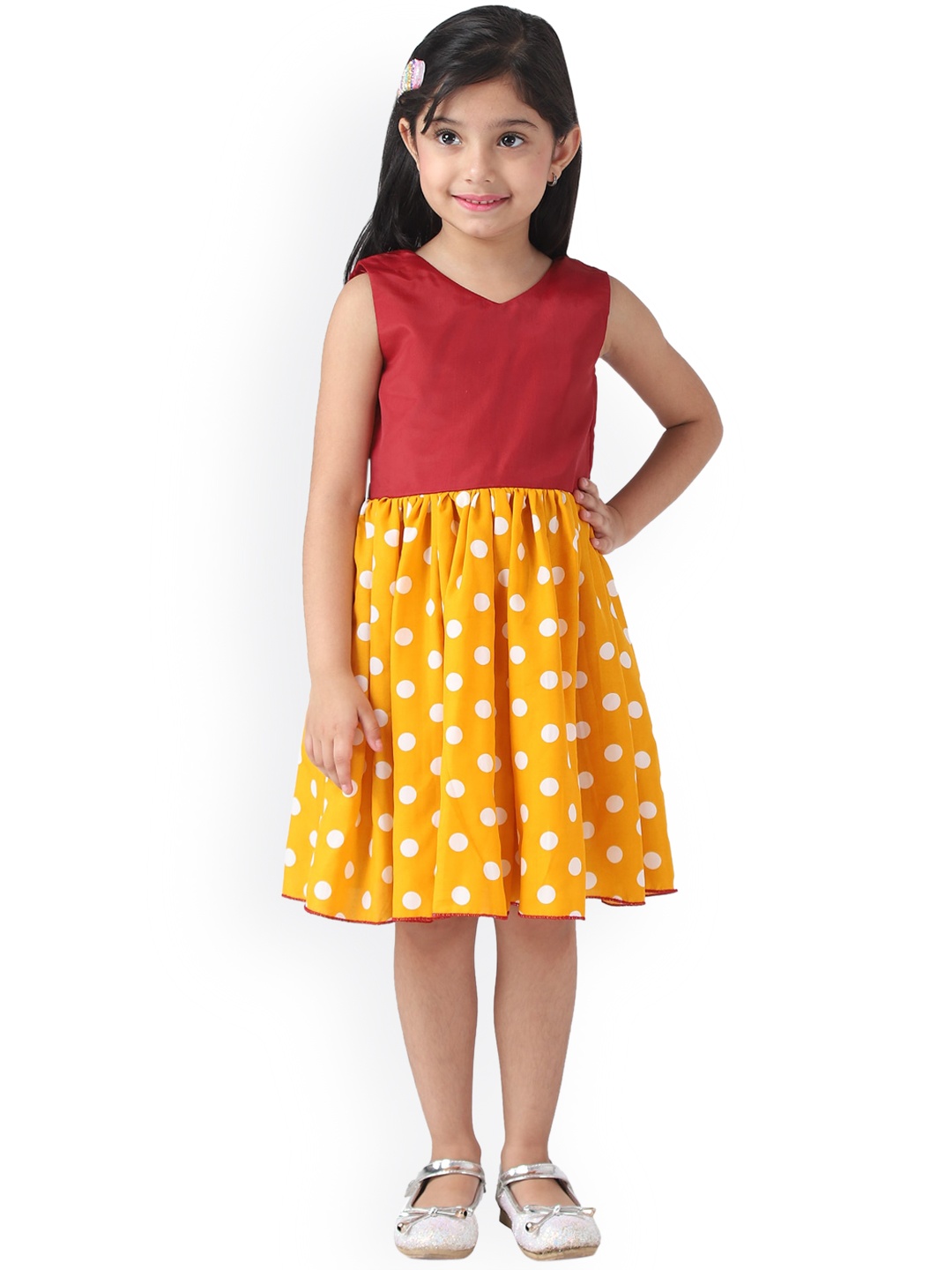 

Samsara Couture Girls Red & Yellow Polka Dot Printed Fit and Flare Dress