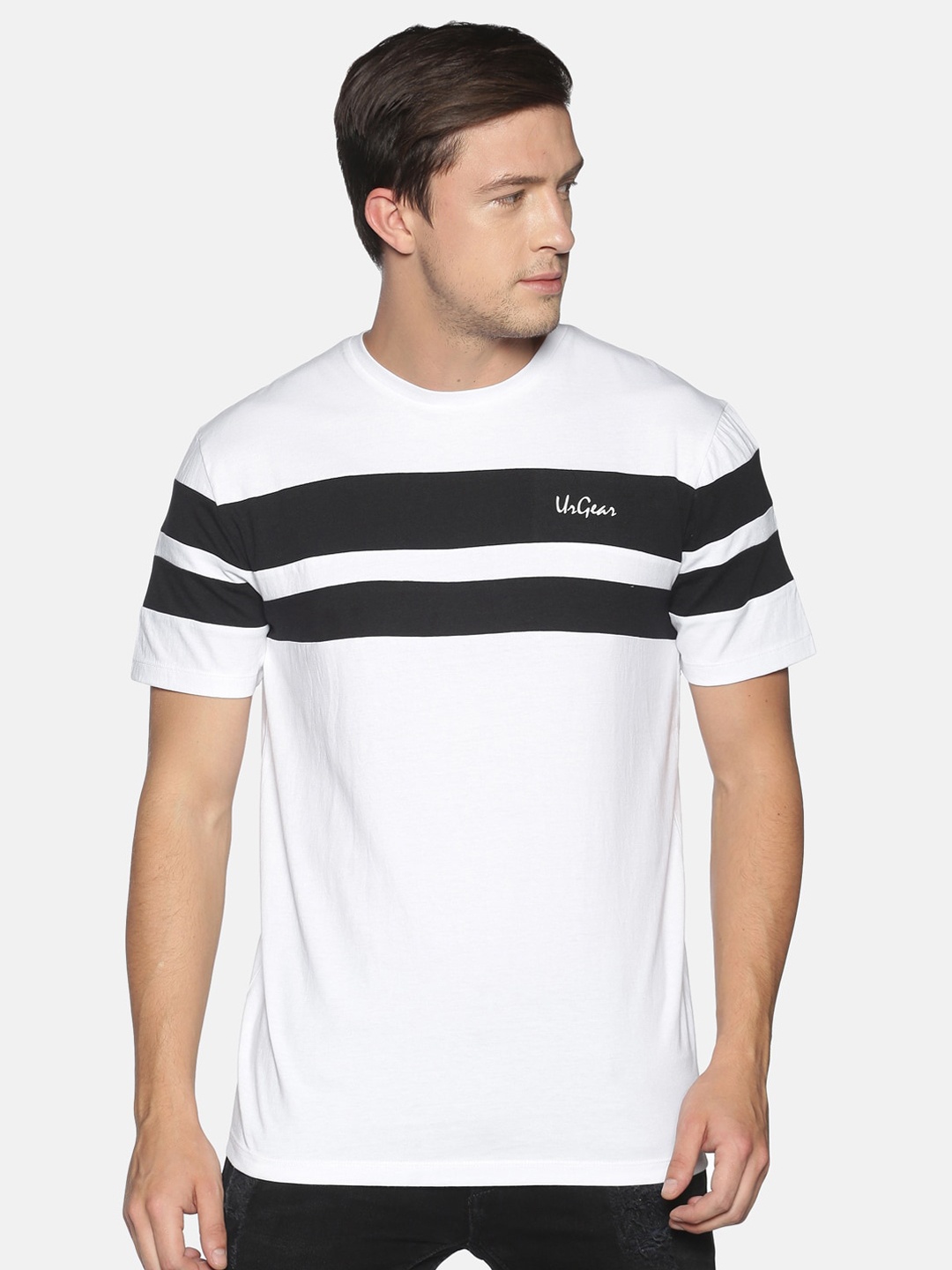 

UrGear Men White & Black Striped Pure Cotton Round Neck T-shirt
