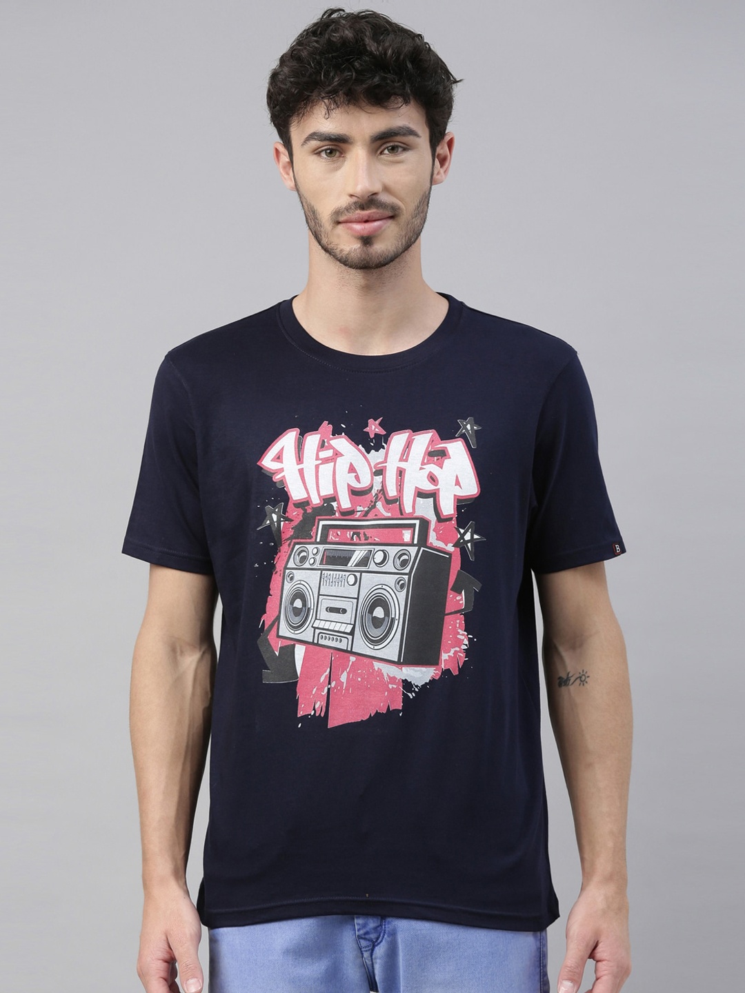

Bushirt Men Navy Blue Printed Round Neck T-shirt