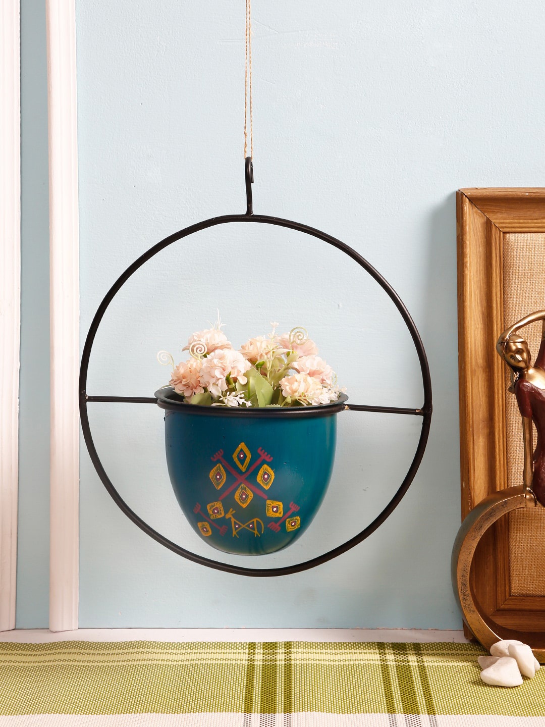 

Aapno Rajasthan Teal Blue & Black Printed Circular Hanging Planter