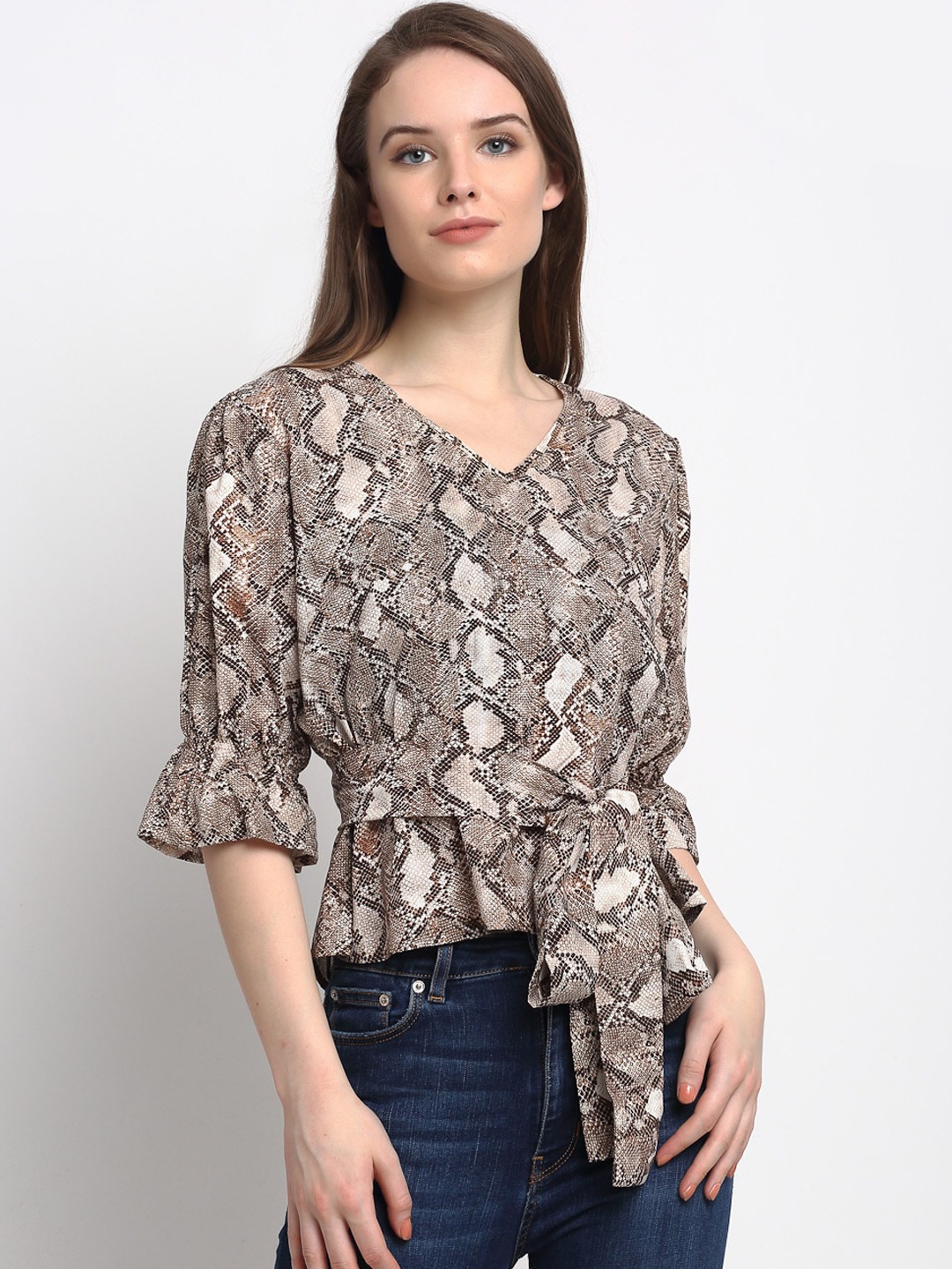 

Just Wow Beige & Black Snake-Skin Printed Bell Sleeves Cinched Waist Top
