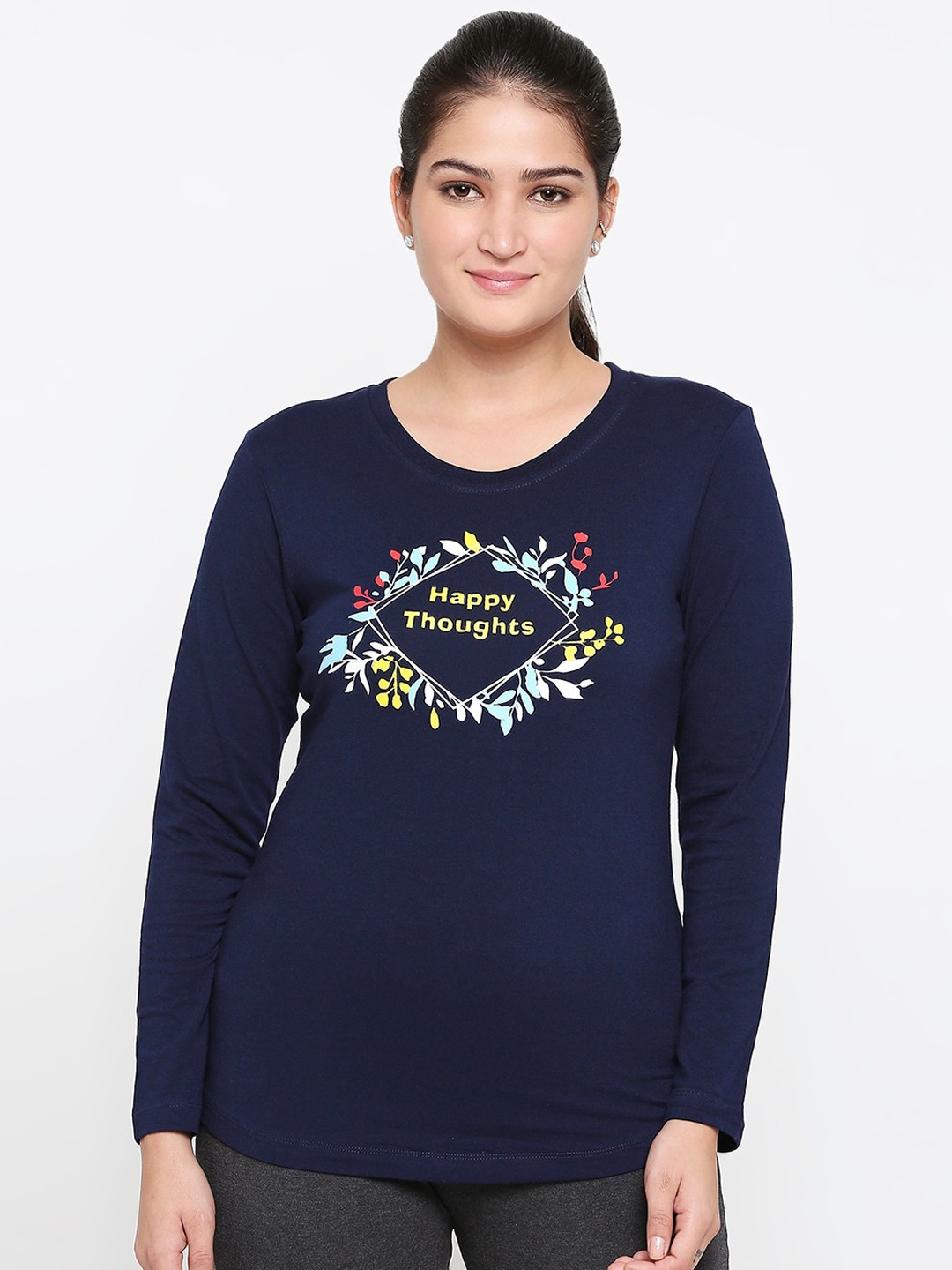

XIN Women Navy Blue Printed V-Neck T-shirt